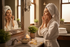 A woman in a cozy robe applying skincare oil in front of a mirror or relaxing with a towel wrap — showing confidence and calm energy.